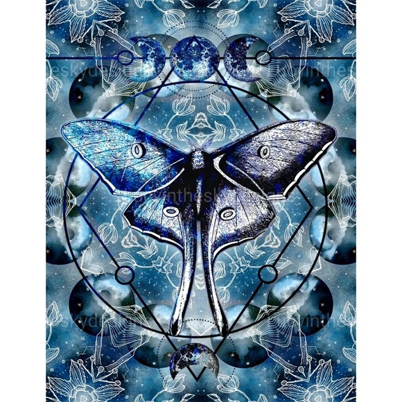 Luna Moth Moon Mandala Spiritual Blue Art Print - Picture 2 of 5